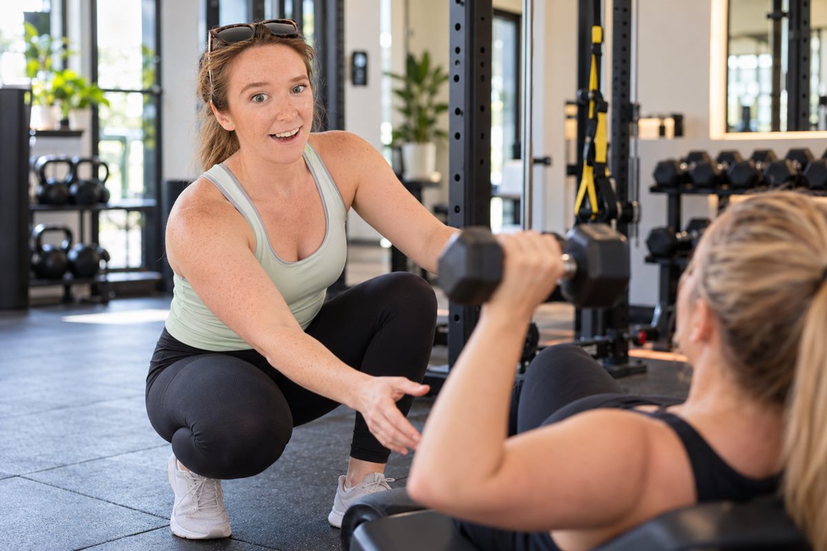 A smiling trainer in a green vest top crouching in a gym, reaching out to guide a woman lifting a dumbbell on a bench